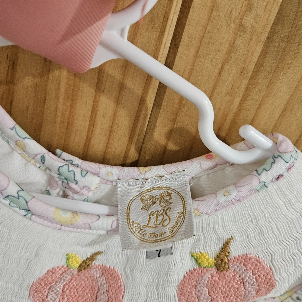 Little Bear Smocked Dress with Pink Pumpkin Embroidery. With Matching Hair Bow - Picture 5 of 7